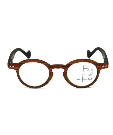 Multifocus Reading Glasses For Men Women Trendy Wood Grain Round Frame Glasses Anti Blue Light Readers(Couleur:Brown Grandeur:1.0x)