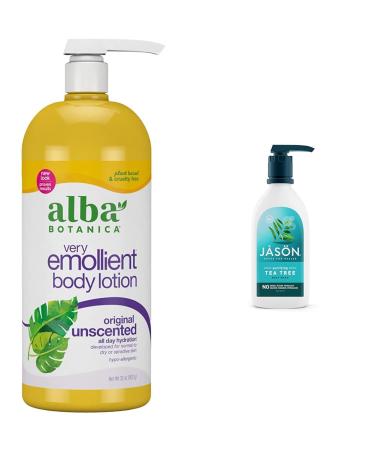 Alba Botanica Very Emollient Body Lotion Unscented Original 32 Oz & Jason Natural Body Wash & Shower Gel Purifying Tea Tree White 30 Fl Oz (Pack of 1)