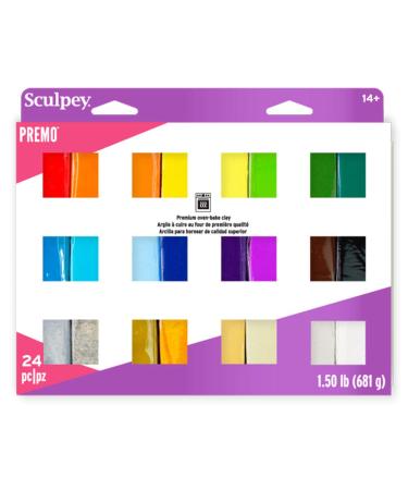 Sculpey Premo 24 Color sampler of Polymer Oven-Bake Clay  Non Toxic 1.5 lbs.  Great for jewelry making  holiday  DIY  mixed media and more. Premium clay Great for clayers and artists. Yellow Orange Blue Translucent Grani...