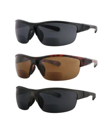 Hyyiyun 3 Pairs Bifocal Reading Sunglasses for Men and Women, Wrap Around Outdoor Reader Glasses 1 Black/ 1 Grey/ 1 Tortoise 2.0 x