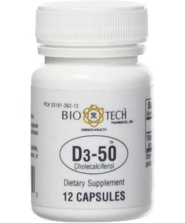 Bio-Tech Pharmacal D3-50 50 000 IU 12 Capsules All-Natural Supplement Supports Bone & Immune Health No Dairy Fish Gluten Peanut Shellfish & Soy