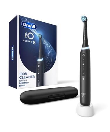 Oral-B iO Series 5 Rechargeable Electric Toothbrush with Visible Pressure Sensor to Protect Gums, 2 Minute Timer, 5 Cleaning Settings, 1 Replacement Toothbrush Heads, and Travel Case, Black