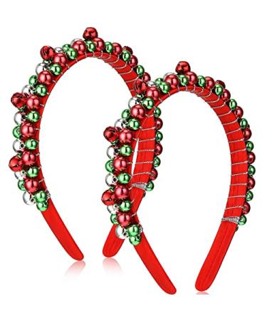 2 Pack Christmas Headband Red Green Silver Tone Christmas Holiday Bells Headbands for Women