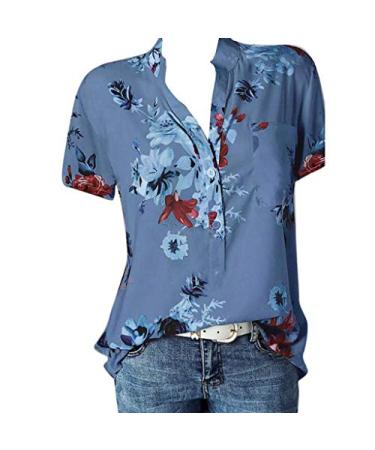 Women's Summer Tops 2023 Dressy Casual Trendy Shirts Floral Printed Button Up Blouses Stand Collar V-Neck Pullovers Plus Size Tops for Women-a05-blue Large