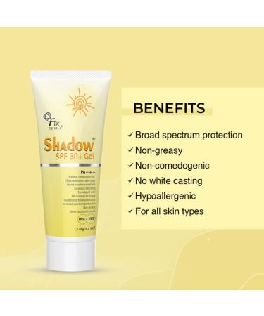 Grah Fixderma Shadow Sunscreen SPF 30+ Gel For Oily Skin - Acne Prone Offers PA+++ Protection Broad Spectrum UVA and UVB Protection Water Resistant and Non-Greasy 40g 1.411 Ounce - Buy Online on GoSupps.com