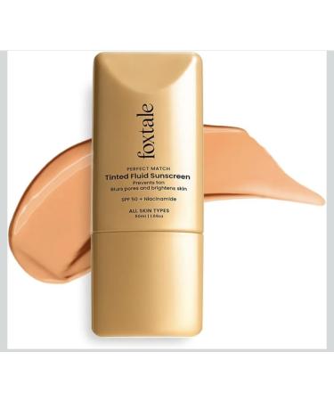 Fox..tale Perfect Match Tinted Fluid Sunscreen SPF 50 PA++++ Clay Shade with Niacinamide and Vitamin E UVA/UVB Protection Blurs Pores Evens Tone Non-Oily Glow All Skin Types 1.69 oz