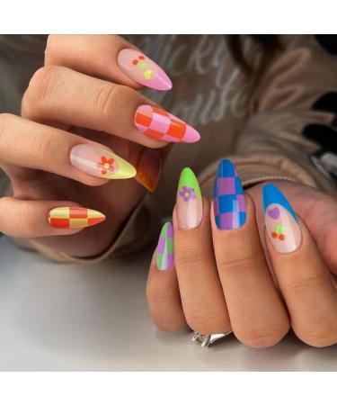 Medium Almond French Tip Uranian Press on Nails - Red Blue False Nails with Cute Lattice Flower Designs - 24pcs Full Cover Glue On Nails (Style J) - Buy Online on GoSupps.com