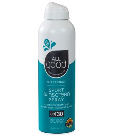All Good Sport Sunscreen Spray - UVA/UVB Broad Spectrum SPF 30 - Water Resistant, Coral Reef Friendly - Zinc, Calendula, Aloe (6 oz) 6 Fl Oz (Pack of 1)