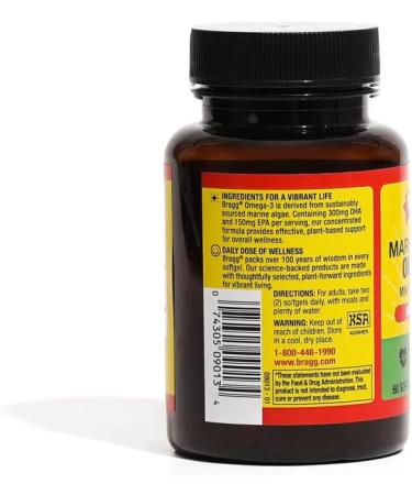 Bragg Vegan Omega 3 Supplement - Sustainably Sourced Algae for Brain Eye & Heart Health - Non-GMO EPA & DHA - 60 Softgels - Buy Online on GoSupps.com