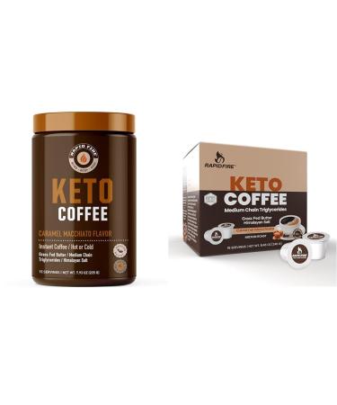 Rapid Fire Ketogenic Caramel Macchiato Keto Coffee Mix & Pods Supports Energy & Metabolism Weight Loss Diet 15 Servings 7.93oz & 16 Count K Cups