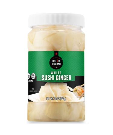 Best of Thailand Japanese White Pickled Sushi Ginger | Fresh Sliced Young Gari Ginger in All Natural, No Coloring Sweet Pickle Brine | Fat Free, Sugar Free, No MSG, Certified Kosher | 1 Jar of 12oz White Sushi Ginger 12 Ou…