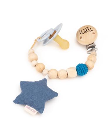 AngelicArt nuckel chain with engraving names for boys and girls - personalized suckel chain with desired names - gift for baby holz - Natur mit Musselin fabric/cotton (indigo star)