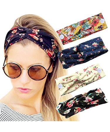 Sarfel Boho Headbands for Women Headbands with Buttons for Mask Nurses Bandannas for Head Wraps Elastic Hair Band One Size 4 Pack Floral w Button
