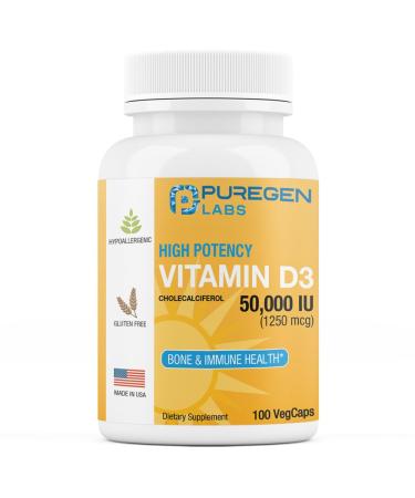 Puregen Labs Vitamin D3 50 000 IU (1250 mcg) 100 Weeks Supply for Healthy Muscle Function and Immune Support Non-GMO Gluten Free 100 Vegetable Capsules 100 Count (Pack of 1)