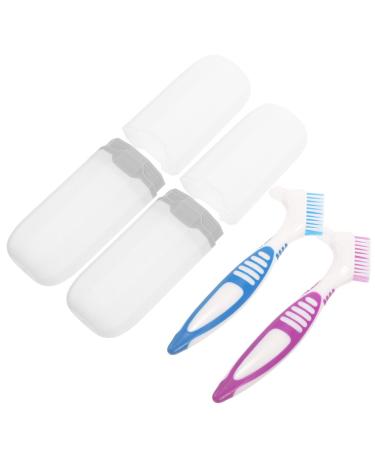 Patkaw 2 sets portable - prosthesis cleaning accessories prosthesis brush with bristle heads and cover cleaning burial set for prosthesis care false cleaning tools