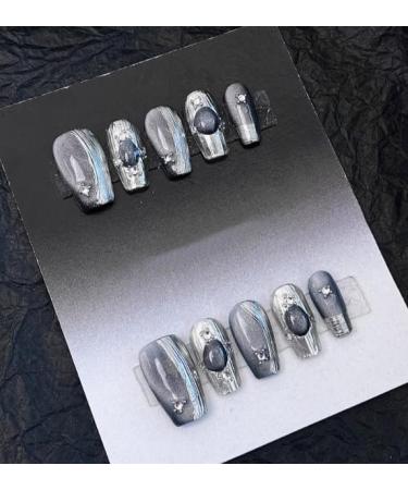Y2K False Nail Kit Silver Gray Press On Nails Almond Handmade Jelly Gel Fake Nail -3D Sliver Glitter Flash Technology Sense Cat Eye Glitter Almond Glue On Nail Stiletto Acrylic Short Oval Stick On False Nail for Women (S Regular Size 20mm)