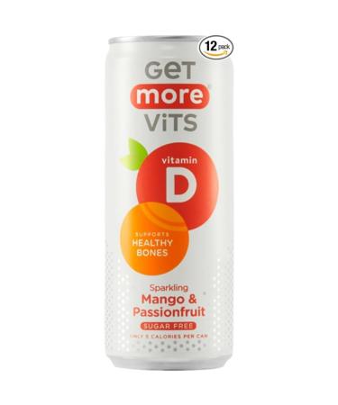Get More Vits - Vitamin D Sparkling Mango & Passionfruit Spring Water (12 x 330ml) Support Healthy Bones Teeth & Muscles Boost Immune System Sugar Free Low Calorie Natural Flavours Vegetarian
