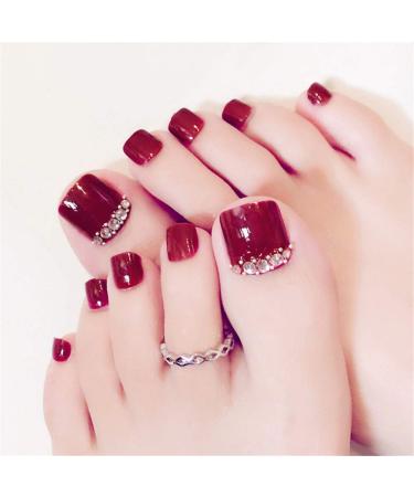 Wrong toenails artificial toenails fashion flower pattern Strass decoration nail cover nail tips nail art decorations with glue artificial false toenails 24 pieces (red) (ordinary)