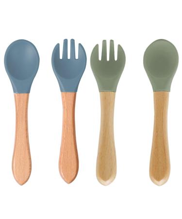 Timri Babylenkfel fork 4 pieces of baby feeding spoon made of extra soft silicone and wood BPA free wood feeding spoons purrpings infant complementary to eating food for baby & toddler infant children