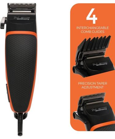 Paul Anthony 'Pro Series P200' Corded Hair Clipper - Lightweight - Self Sharpening Stainless Steel Blades - 4X Comb Guides - Precision Taper - Powerful Quiet Motor - Black/Orange - H5124 - Buy Online on GoSupps.com