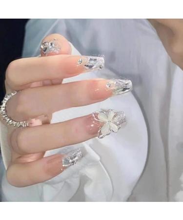 Long Press on Nails French Tip Fake Nails with 3D Butterfly Rhinestones Designs Glossy Full Cover Acrylic Nails for Women 1 Press On Nails - Buy Online on GoSupps.com