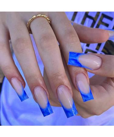 QINGGE Navy Blue French Tip Press on Nails Medium Length Coffin Glossy Fake Nails Tips Full Cover Wave Design Stick on Nails with Glue Exquisite Acrylic Nails Summer Beach False Nails for Women