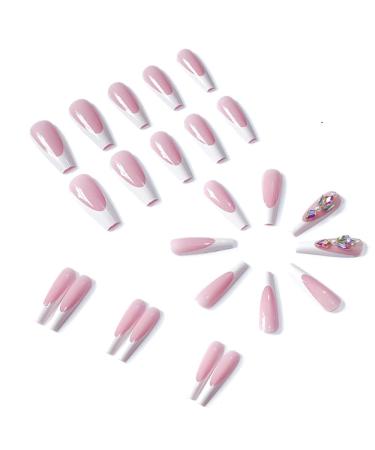 MIQIQAO C_DiamondWhite Coffin Nails - 24 Shiny Long Ballerina Stick-On Nails with Glue | International Shipping Available - Buy Online on GoSupps.com