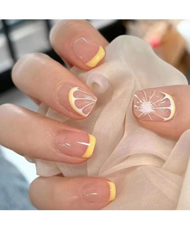Press on Nails Short Square Fake Nails with Design Lemon Fruit Pattern False Nails Yellow Tip Acrylic Full Cover Fake Nails Summer Cute Stick on Nails for Women Girls Manicure DIY 24PCS
