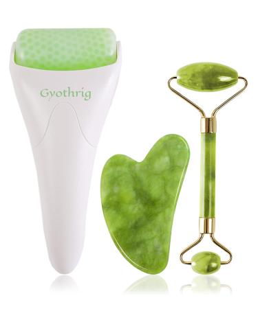Jade Face Gua Sha Roller – Ice Facial Eye Massage Stone Gifts for Mom Mothers Day Natural Cooling Anti Wrinkle Skin Care Tools Treatment for Puffiness Migraine Pain Relief Minor Injury Muscle Relaxing green