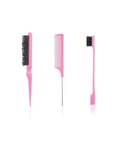 3 Pieces Hair Styling Comb Set Teasing Hair Brush Rat Pin Tail Comb Double-Sided Edge Brush for Edge & Back Brushing Combing Slicking Hair for Women Babies Kids' Hair - Pink