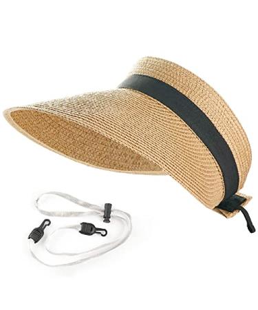 Sun Visors Hat Womens Beach Straw Hats Wide Brim Summer Sun UV Protection Visor Hat Roll Up UPF50+ Ponytail Cap for Travel A-khaki
