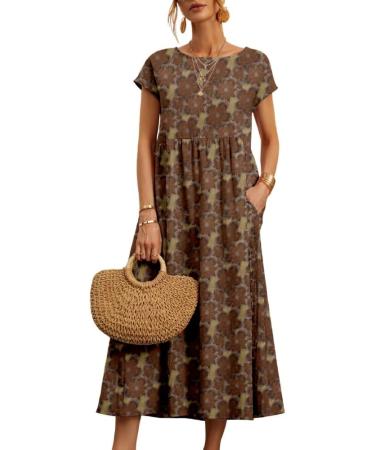 Women's Summer Cotton Linen Floral Printed Short Sleeve Dress Crew Neck Loose Casual Beach Dresses with Pockets 04 Medium