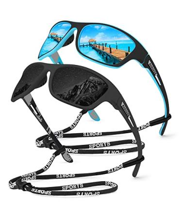 KUGUAOK Polarized Sports Sunglasses for Men Driving Cycling Fishing Sun Glasses 100% UV Protection Goggles 2pack Black+blue-b