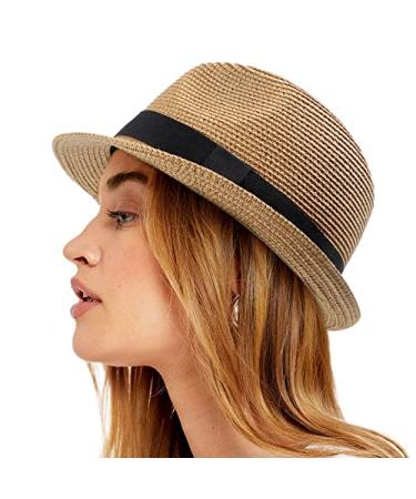 Womens Straw Hat Short Brim Panama Fedora Beach Sun Trilby Hat for Vacation Gentlemen Roll Up Summer Hat A01-khaki L One Size