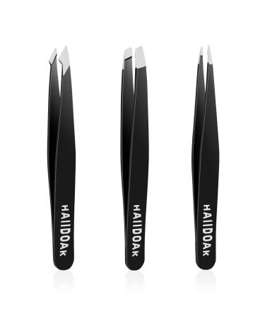 Tweezers Set Professional Stainless Steel Tweezers for Eyebrows Great Precision for Facial Hair Splinter and Ingrown Hair Removal (3 Count / 3.8inch Black) 3 Count / 3.8inch Black