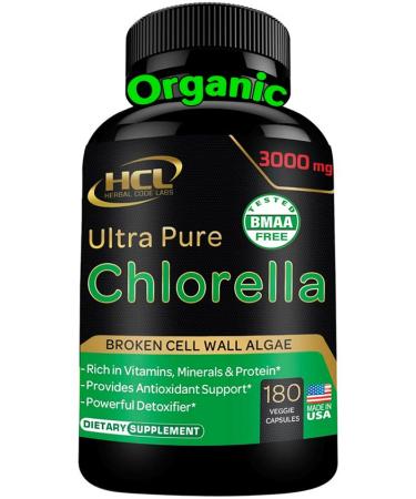 Chlorella Capsules Organic 3000 mg - Cracked Cell Wall Blue Green Algae Supplement - Best Natural Detox Cleanse - Plant Vitamins Minerals Chlorophyll Vegan Protein Powder Pills - Made in USA