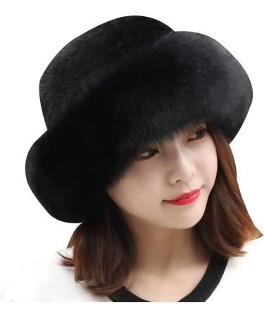 Womens Winter Fur Hats,Fur Hat for Women with Elastic,Adjustable Winter Furry Hats,Soft Fluffy Trimmed Warm Knitted Beani (Black)