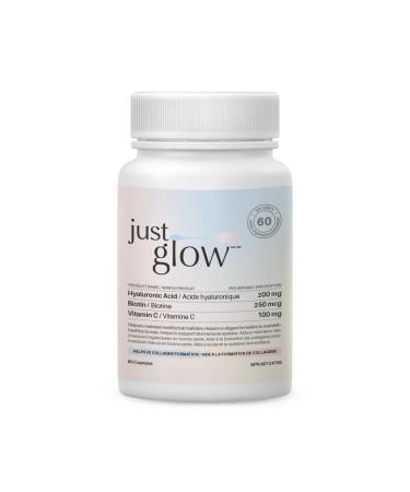 Just Glow Hyaluronic Acid 200mg with Vitamin C and Biotin - 60 Veggie Capsules for Collagen Formation Immune System Support Skin & Joint Health - Made in Canada