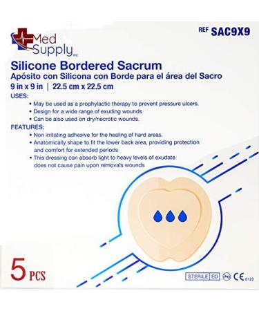Medical Grade Premium MedSupply Silicone Bordered Foam Sacrum Dressing, 9''x9'' Box of 5