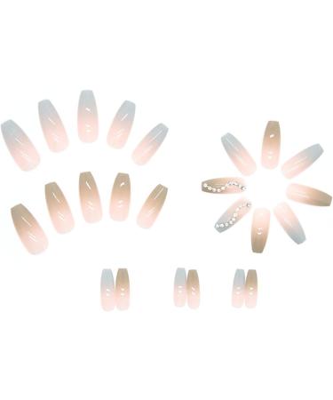 Justotry 24 Pcs Diamante Gradient Green French Press on Nails - Cute Nude Coffin Stick on Nails for Women - Acrylic Ballerina False Nails with Glue - Nail Art GGBF - Buy Online on GoSupps.com
