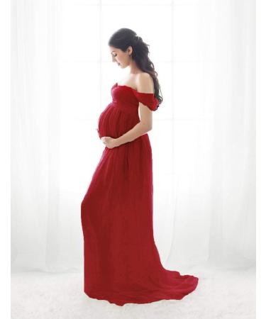 FEOYA Maxi Maternity Dress Chiffon Lace Strapless Gown | Red | Split Front | Photography | Full Length - Buy Online on GoSupps.com