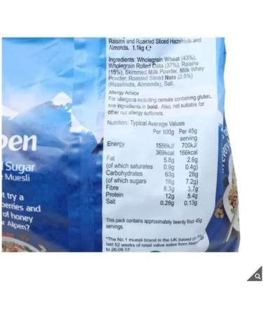 Alpen No Added Sugar Muesli - High in Fibre - Low in Saturated Fat - Blend of Wholegrain Oats & Wheat - 1.1kg - Buy Online on GoSupps.com
