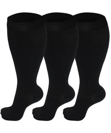 3 Pairs Plus Size Compression Socks (20-30 mmHg) for Women & Men Wide Calf Extra Large Knee High Stockings for Nurses Seniors XXL Black