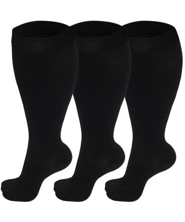 3 Pairs Plus Size Compression Socks (20-30 mmHg) for Women & Men Wide Calf Extra Large Knee High Stockings for Nurses Seniors 3X-Large Black