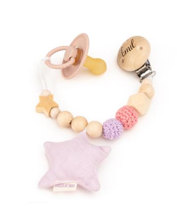 AngelicArt nuckel chain with engraving names for boys and girls - personalized suckel chain with desired names - gift for baby holz - Natur mit Musselin fabric/cotton (pink star)