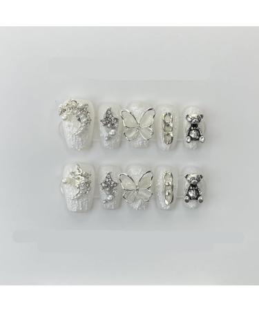 Butterfly Retro Nail Art Handcrafted Wearable Nail Patches Detachable Fake Nails(Short white M)