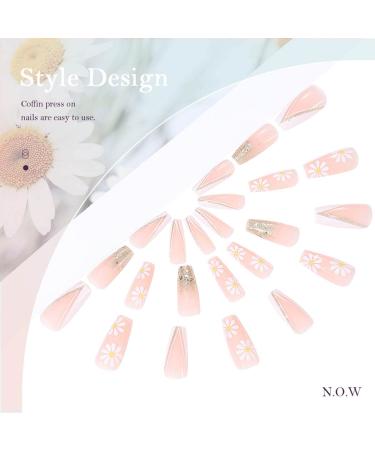 Buy Vatocu Long Pink Coffin Acrylic Press-On Fingernails - 24 Shiny Flower Designs for Women & Girls - International Shipping Available - Buy Online on GoSupps.com