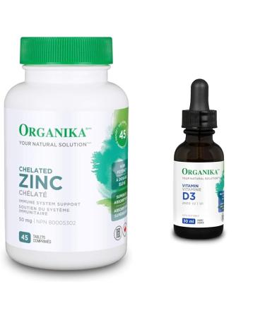 Organika Chelated Zinc 45 Tabs & Vitamin D3 Liquid 2500IU- Olive Oil Base Immune System Support- 30ml SUPPLEMENT + SUPPLEMENT 3964