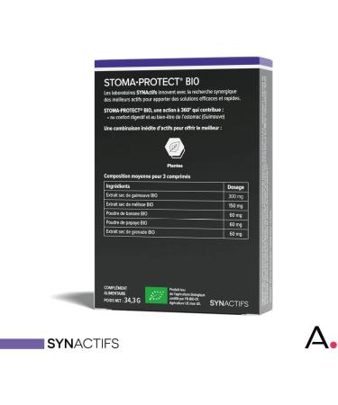ARAGAN - Synactives - StomaProtect Bio - Digestive Comfort Food Supplement - Marshmallow Melissa Banana Papaya and Pomegranate - 14 tablets - 5 to 14 days taken - Made in France - Buy Online on GoSupps.com