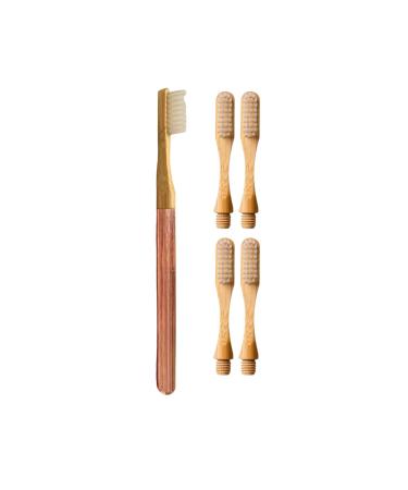 Menki Rose Gold Sustainable Metal Handle Toothbrush with 5 Replaceable Bamboo Brush Heads with Soft Nylon Bristle (Rose Gold)